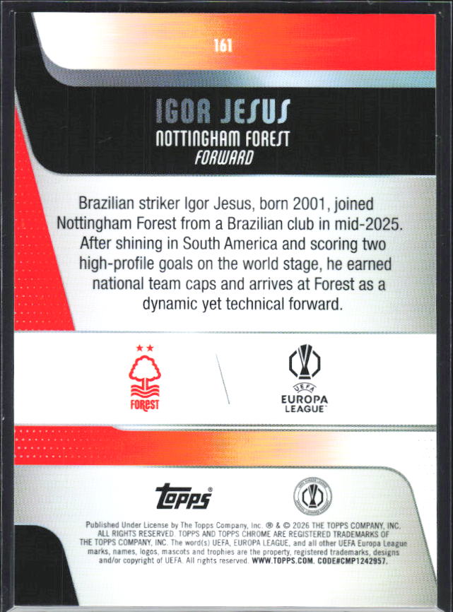 Igor Jesus – 2025-26 Topps Chrome UEFA Club Competitions #161 – baksida