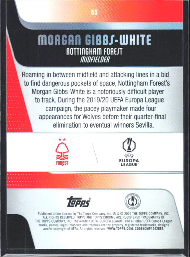 Morgan Gibbs-White – 2025-26 Topps Chrome UEFA Club Competitions #53 – baksida
