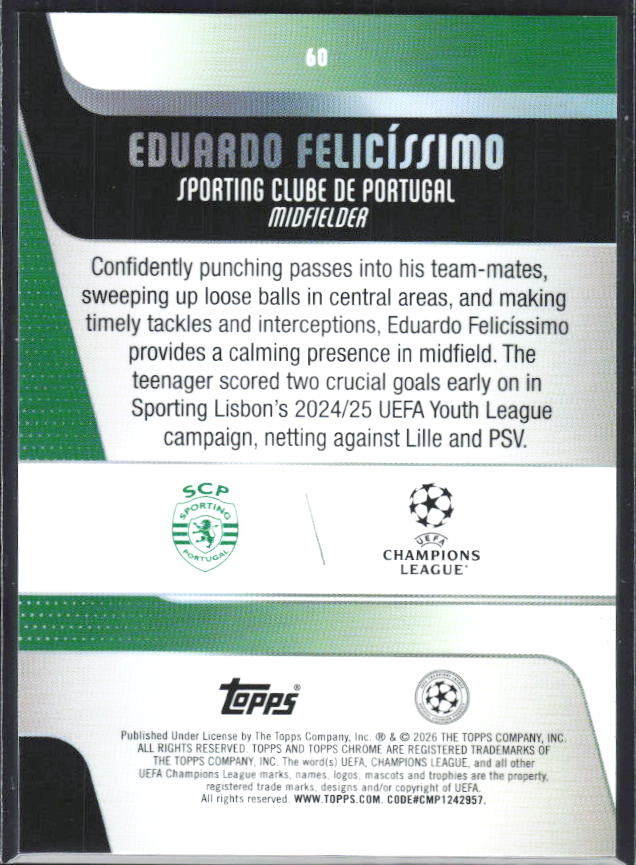 Eduardo Felicíssimo – 2025-26 Topps Chrome UEFA Club Competitions #60 – baksida