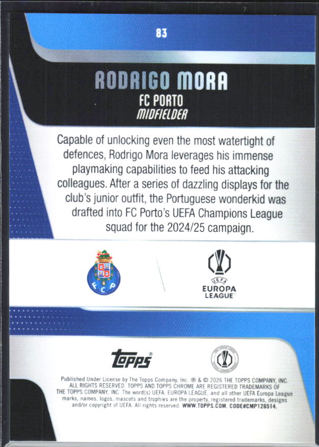 Rodrigo Mora – 2025-26 Topps Chrome UEFA Club Competitions #83 – baksida
