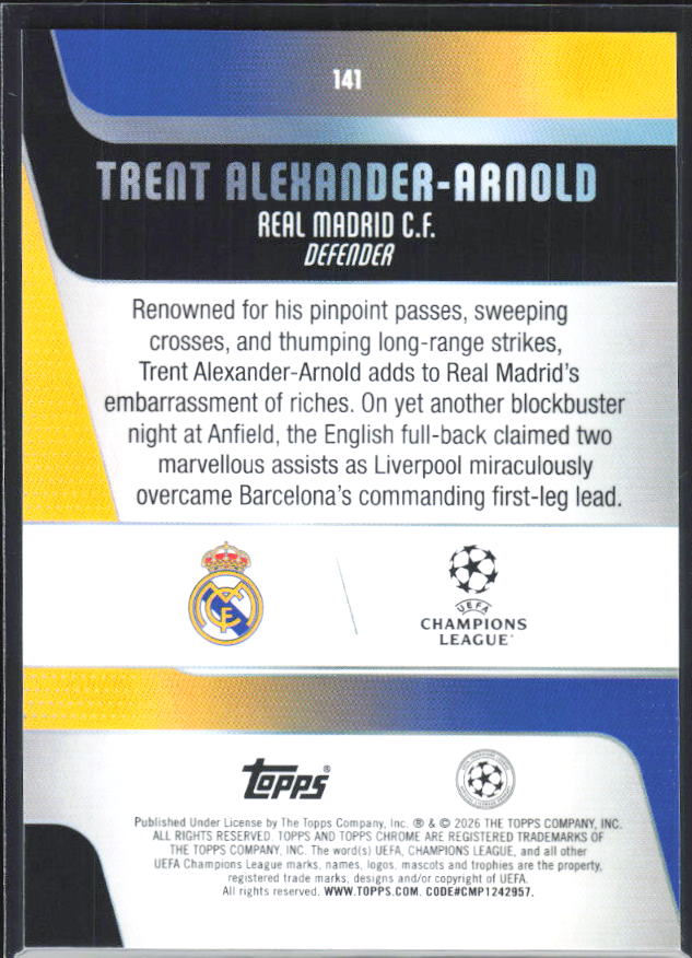 Trent Alexander-Arnold – 2025-26 Topps Chrome UEFA Club Competitions #141 – baksida
