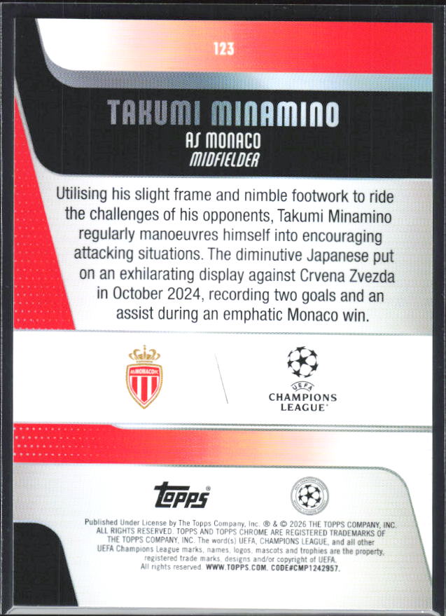 Takumi Minamino – 2025-26 Topps Chrome UEFA Club Competitions #123 – baksida