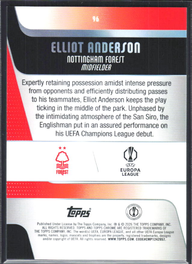 Elliot Anderson – 2025-26 Topps Chrome UEFA Club Competitions #96 – baksida