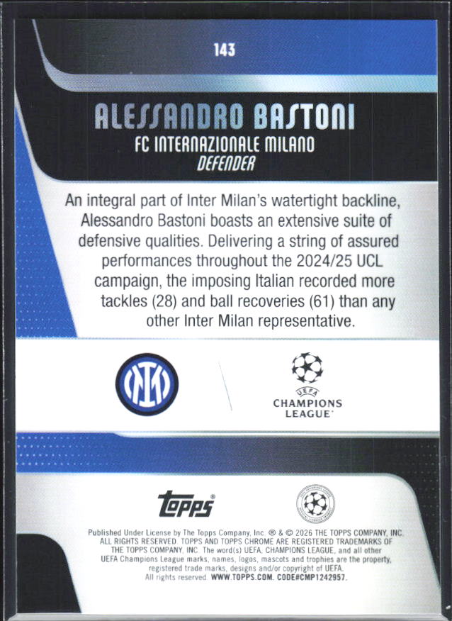 Alessandro Bastoni – 2025-26 Topps Chrome UEFA Club Competitions #143 – baksida