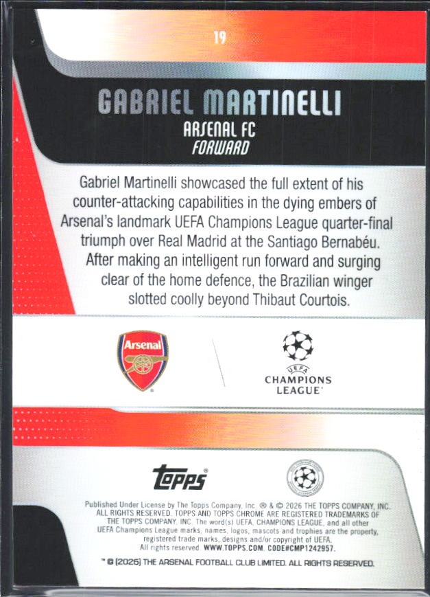 Gabriel Martinelli – 2025-26 Topps Chrome UEFA Club Competitions #19 – baksida