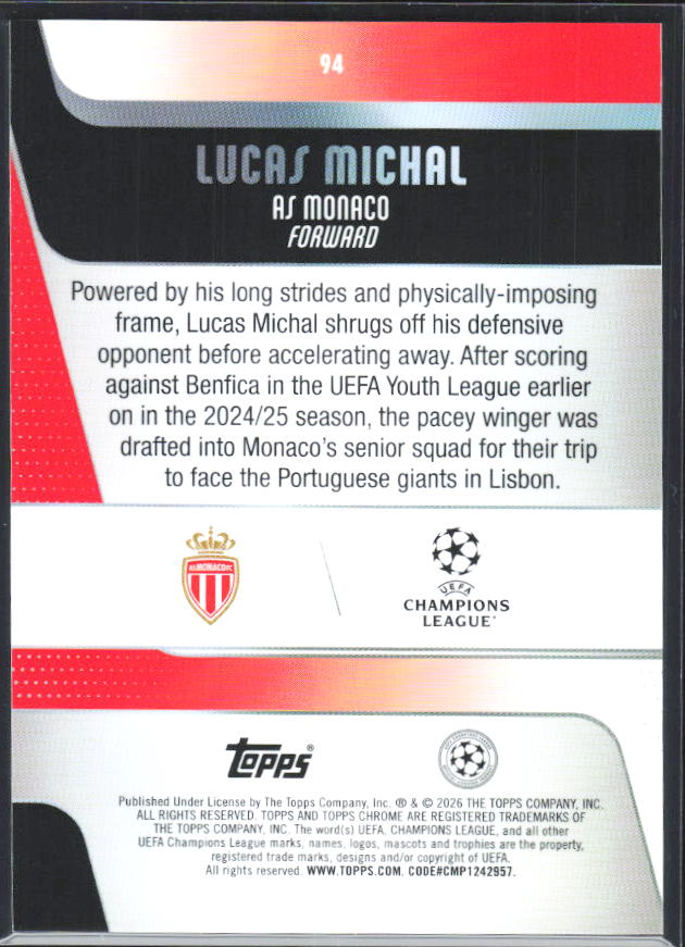 Lucas Michal – 2025-26 Topps Chrome UEFA Club Competitions #94 – baksida
