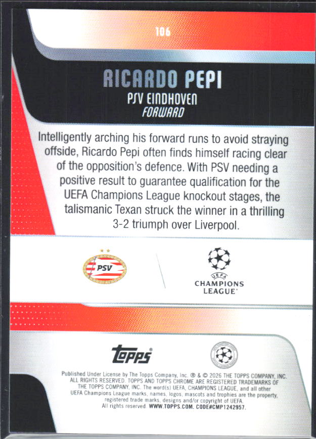 Ricardo Pepi – 2025-26 Topps Chrome UEFA Club Competitions #106 – baksida