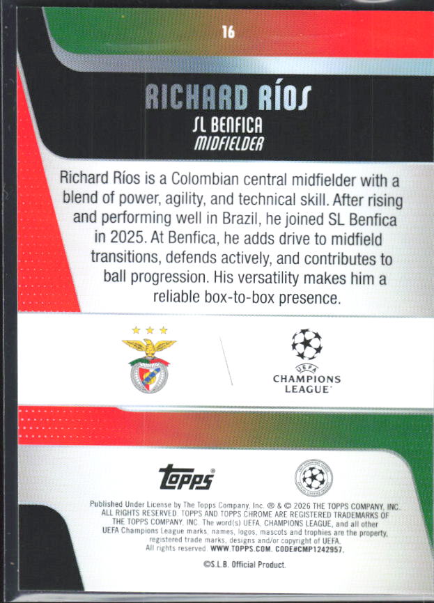Richard Ríos – 2025-26 Topps Chrome UEFA Club Competitions #16 – baksida