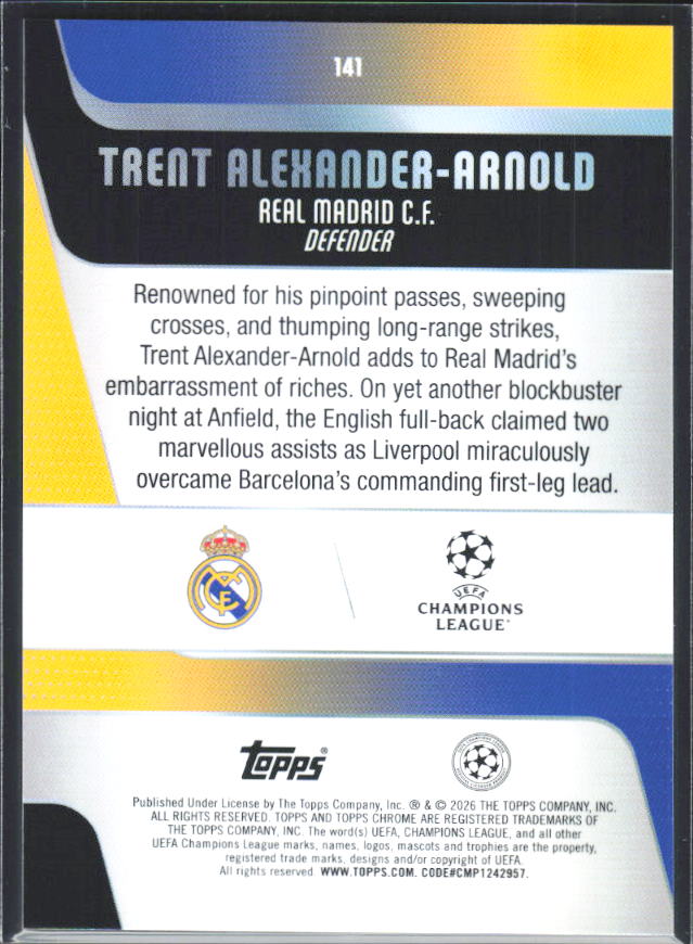 Trent Alexander-Arnold – 2025-26 Topps Chrome UEFA Club Competitions #141 – baksida