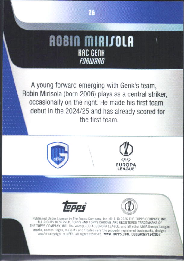 Robin Mirisola – 2025-26 Topps Chrome UEFA Club Competitions #26 – baksida