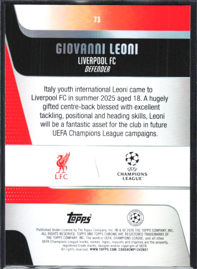 Giovanni Leoni – 2025-26 Topps Chrome UEFA Club Competitions #73 – baksida