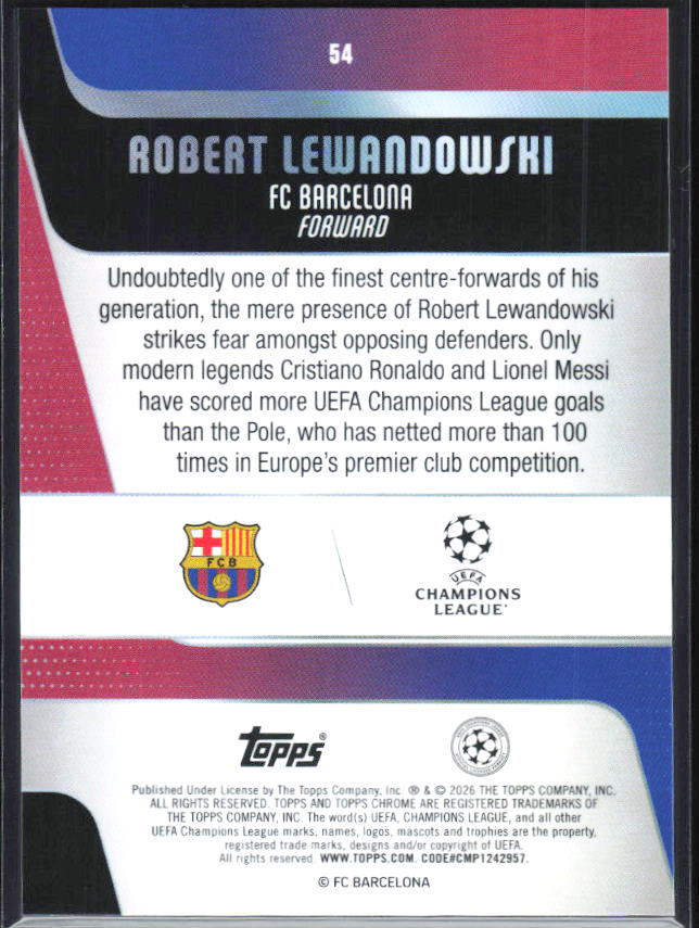 Robert Lewandowski – 2025-26 Topps Chrome UEFA Club Competitions #54 – baksida
