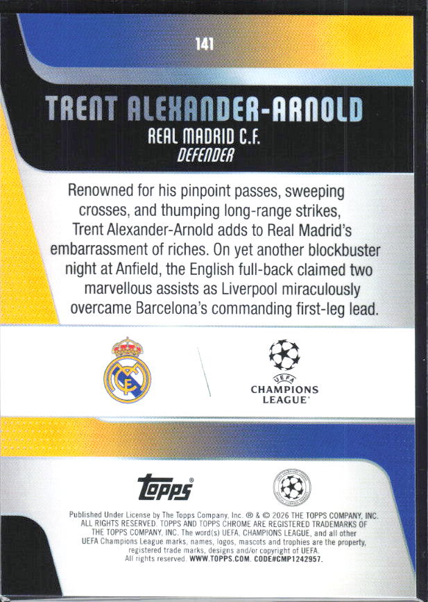 Trent Alexander-Arnold – 2025-26 Topps Chrome UEFA Club Competitions #141 – baksida