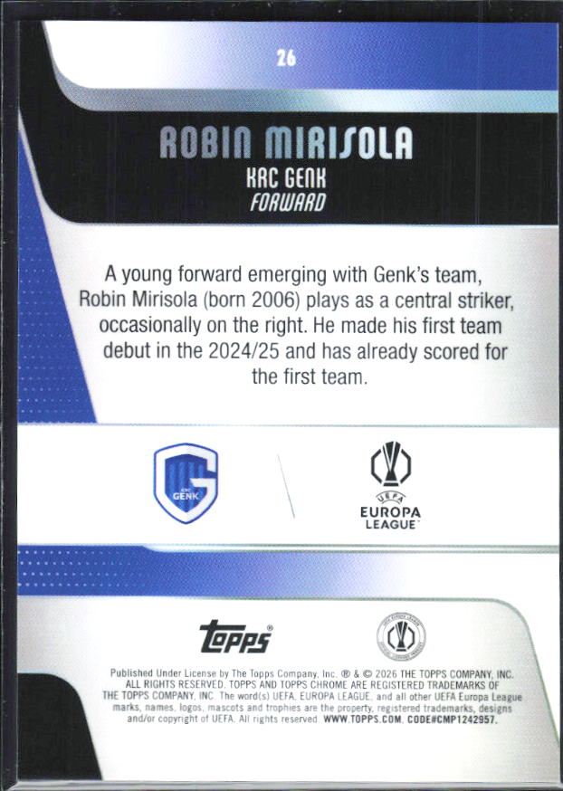Robin Mirisola – 2025-26 Topps Chrome UEFA Club Competitions #26 – baksida