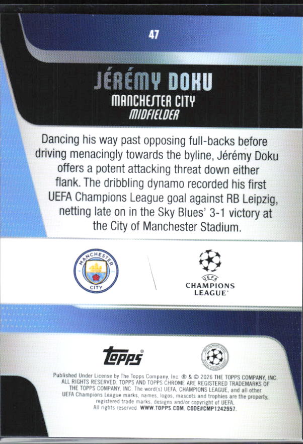 Jérémy Doku – 2025-26 Topps Chrome UEFA Club Competitions #47 – baksida