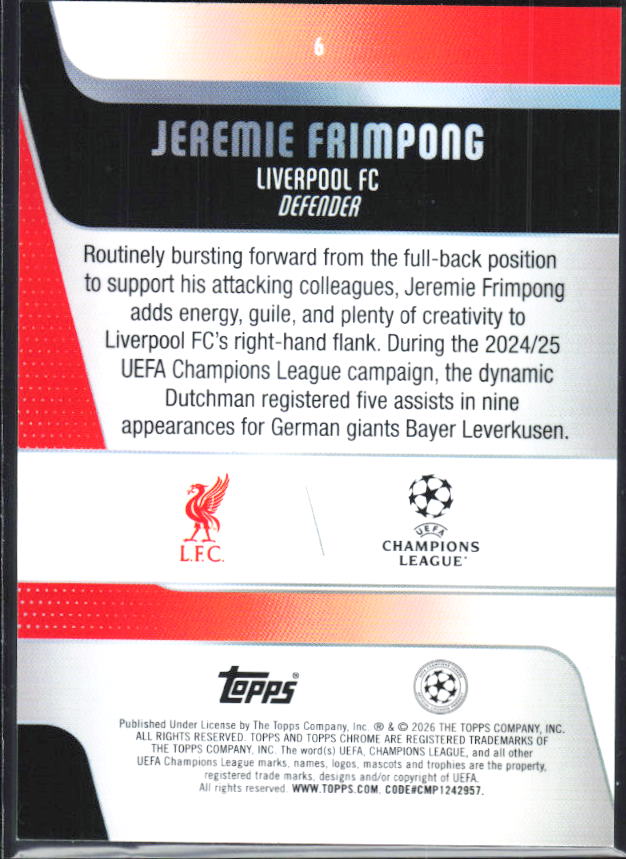 Jeremie Frimpong – 2025-26 Topps Chrome UEFA Club Competitions #6 – baksida