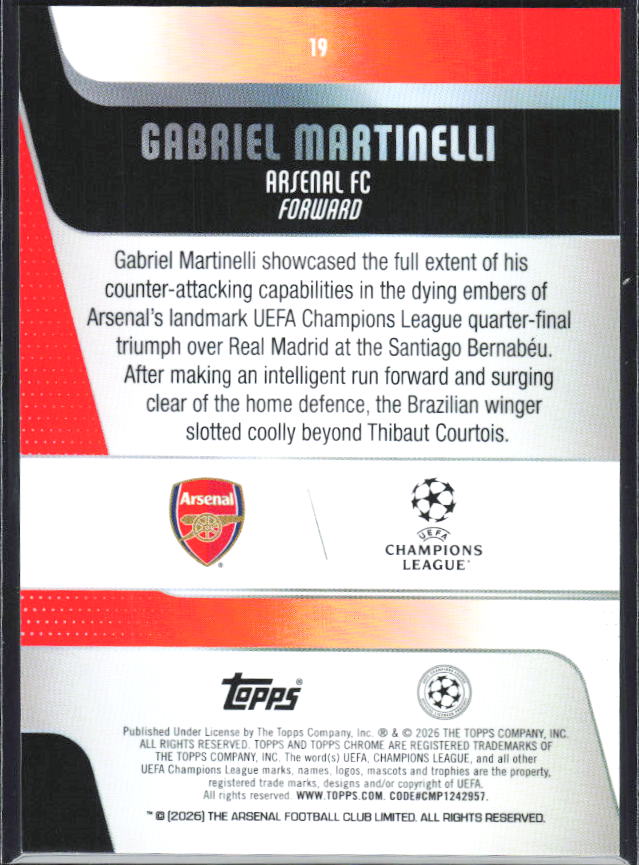Gabriel Martinelli – 2025-26 Topps Chrome UEFA Club Competitions #19 – baksida