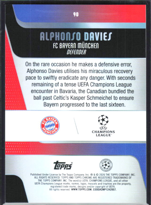 Alphonso Davies – 2025-26 Topps Chrome UEFA Club Competitions #90 – baksida