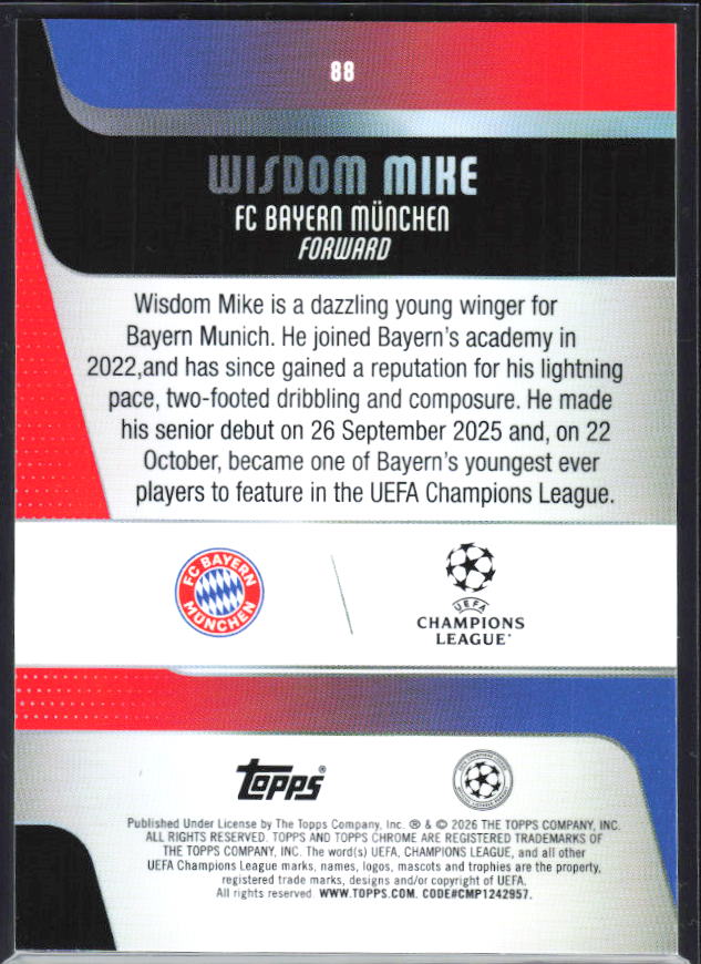 Wisdom Mike – 2025-26 Topps Chrome UEFA Club Competitions #88 – baksida