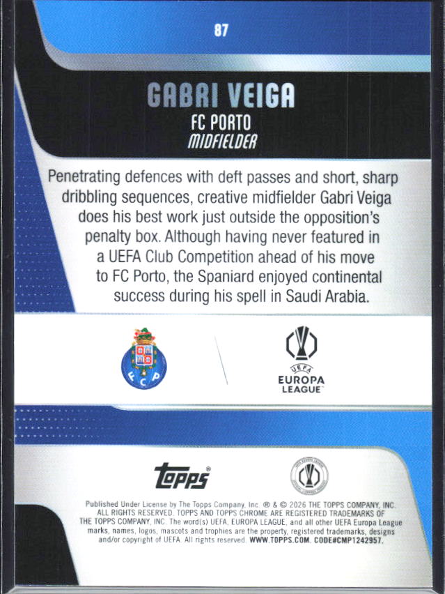 Gabri Veiga – 2025-26 Topps Chrome UEFA Club Competitions #87 – baksida