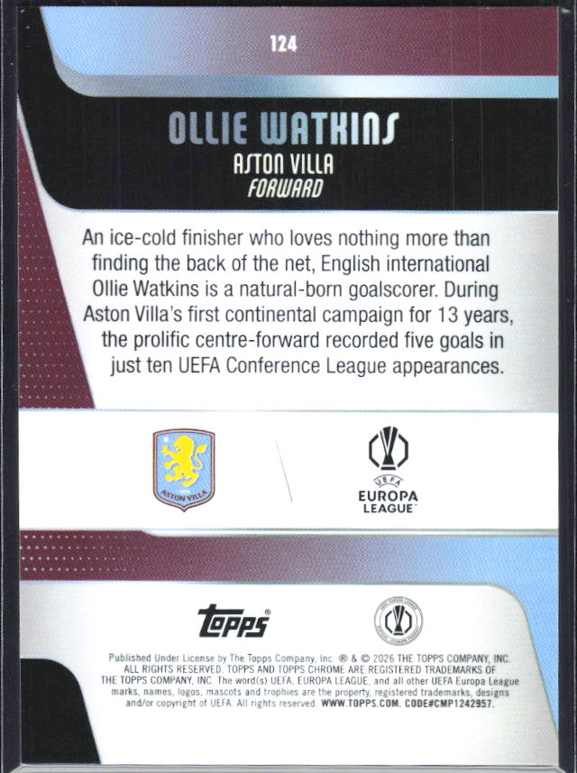 Ollie Watkins – 2025-26 Topps Chrome UEFA Club Competitions #124 – baksida