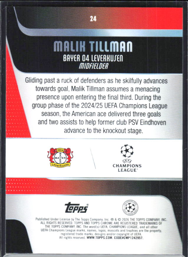 Malik Tillman – 2025-26 Topps Chrome UEFA Club Competitions #24 – baksida