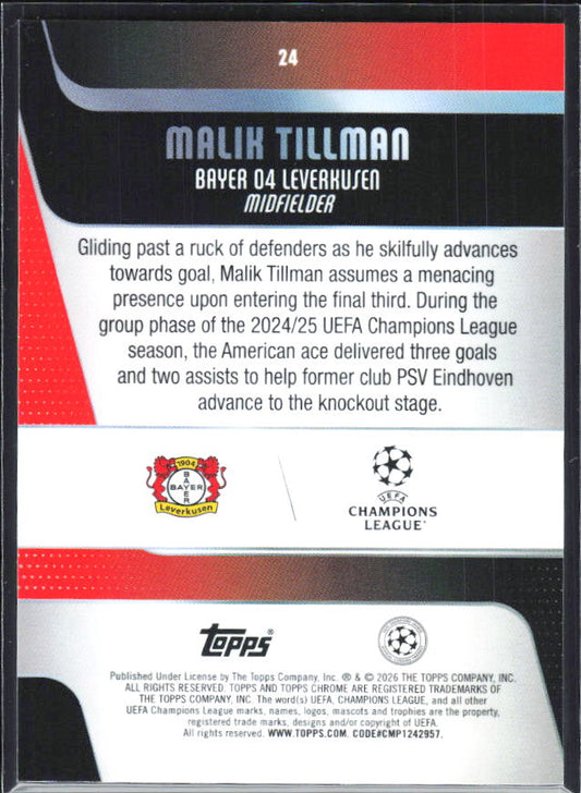 Malik Tillman – 2025-26 Topps Chrome UEFA Club Competitions #24 – baksida