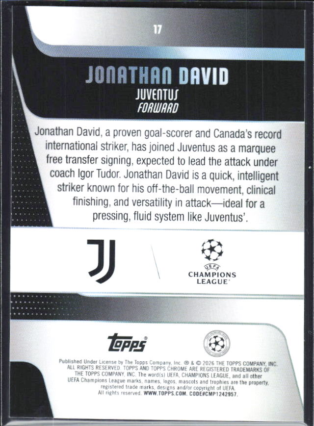 Jonathan David – 2025-26 Topps Chrome UEFA Club Competitions #17 – baksida
