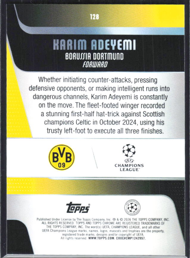 Karim Adeyemi – 2025-26 Topps Chrome UEFA Club Competitions #128 – baksida