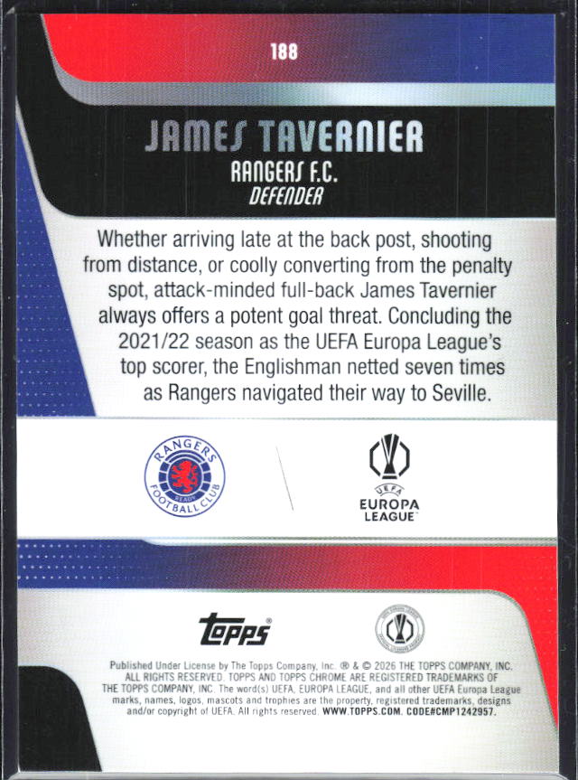 James Tavernier – 2025-26 Topps Chrome UEFA Club Competitions #188 – baksida