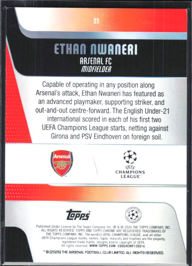 Ethan Nwaneri – 2025-26 Topps Chrome UEFA Club Competitions #21 – baksida