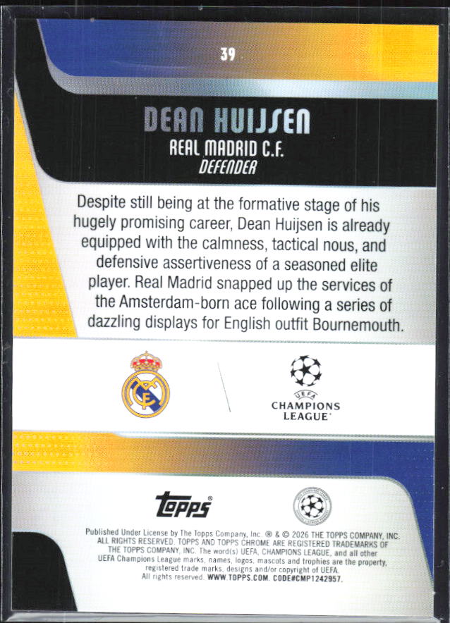 Dean Huijsen – 2025-26 Topps Chrome UEFA Club Competitions #39 – baksida