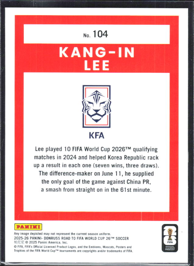 Kang-in Lee – 2025-26 Donruss Road to FIFA World Cup #104 – baksida