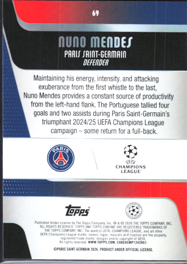 Nuno Mendes – 2025-26 Topps Chrome UEFA Club Competitions #69 – baksida
