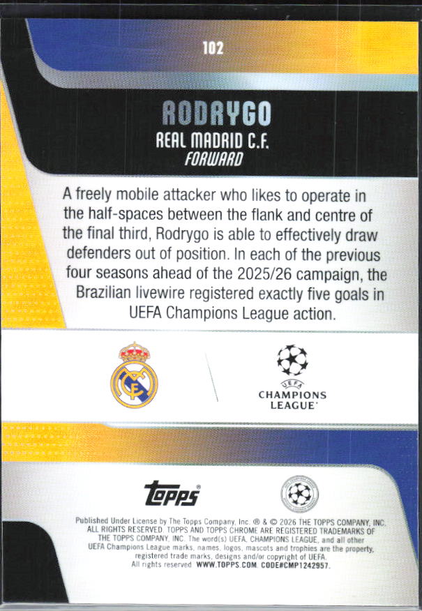 Rodrygo – 2025-26 Topps Chrome UEFA Club Competitions #102 – baksida