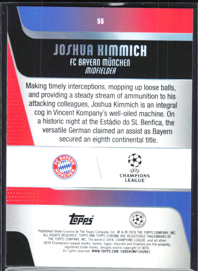 Joshua Kimmich – 2025-26 Topps Chrome UEFA Club Competitions #55 – baksida