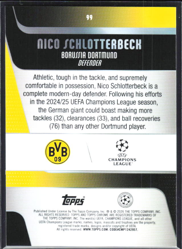 Nico Schlotterbeck – 2025-26 Topps Chrome UEFA Club Competitions #99 – baksida