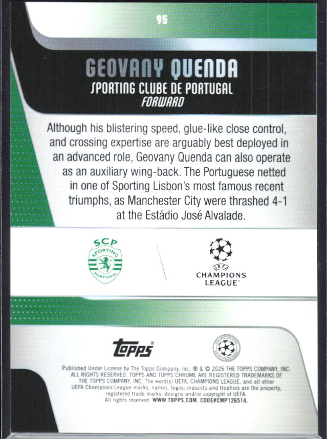 Geovany Quenda – 2025-26 Topps Chrome UEFA Club Competitions #95 – baksida