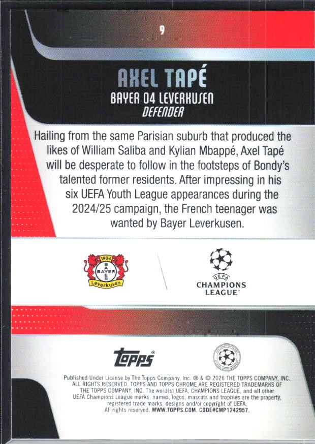 Axel Tapé – 2025-26 Topps Chrome UEFA Club Competitions #9 – baksida