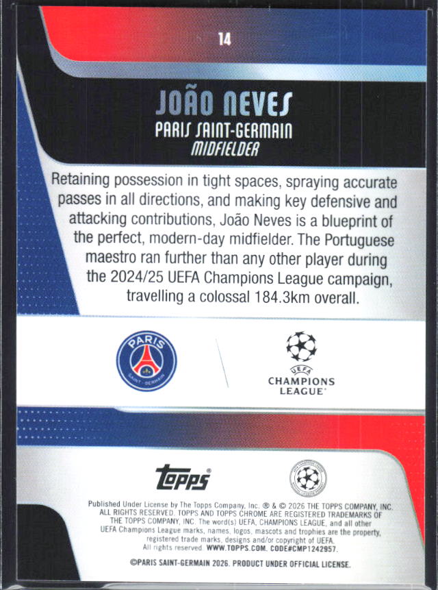 João Neves – 2025-26 Topps Chrome UEFA Club Competitions #14 – baksida