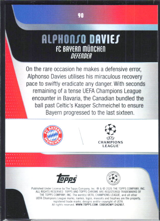 Alphonso Davies – 2025-26 Topps Chrome UEFA Club Competitions #90 – baksida