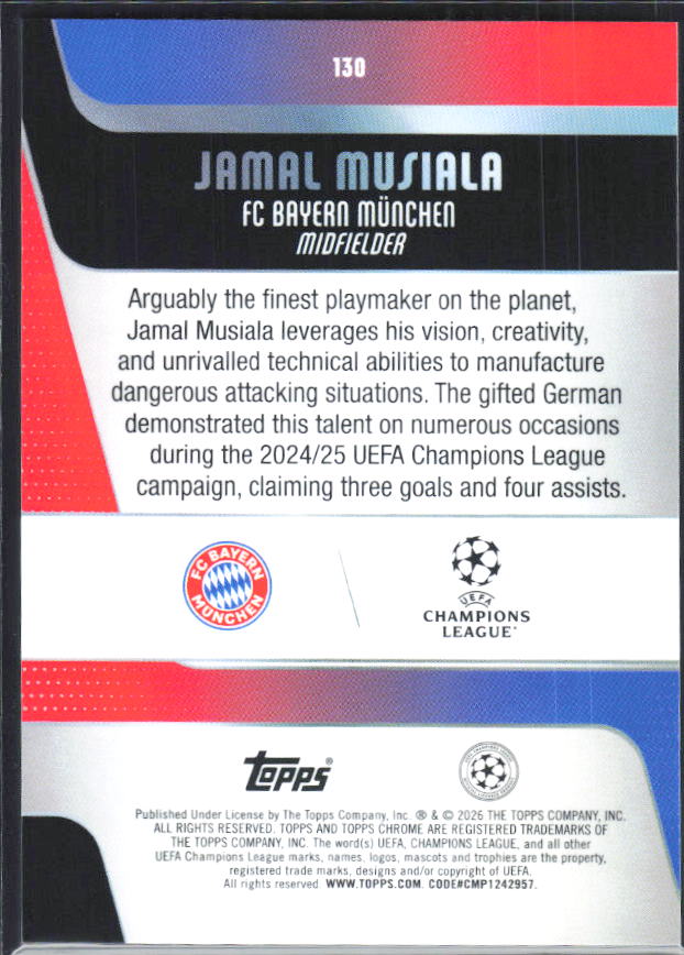 Jamal Musiala – 2025-26 Topps Chrome UEFA Club Competitions #130 – baksida