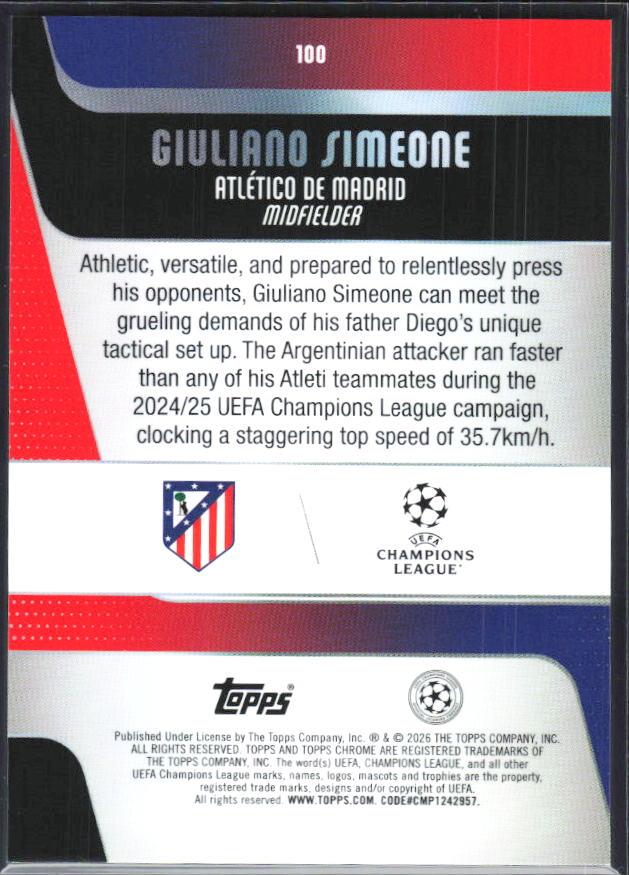 Giuliano Simeone – 2025-26 Topps Chrome UEFA Club Competitions #100 – baksida