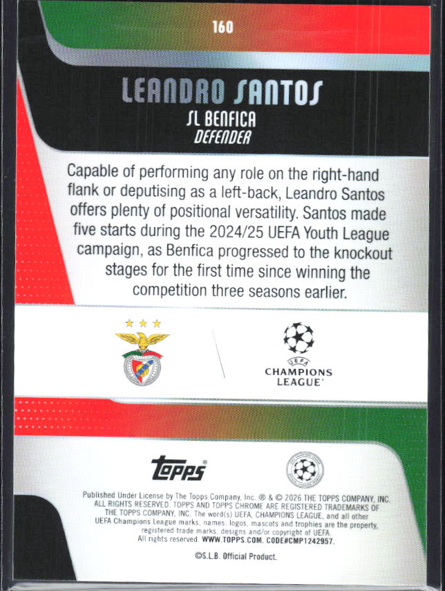 Leandro Santos – 2025-26 Topps Chrome UEFA Club Competitions #160 – baksida