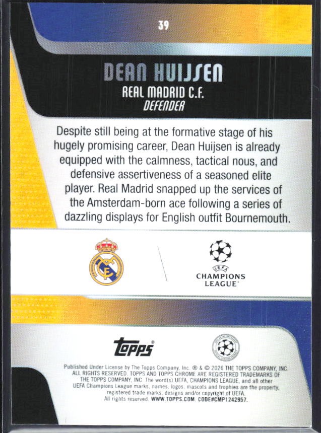 Dean Huijsen – 2025-26 Topps Chrome UEFA Club Competitions #39 – baksida