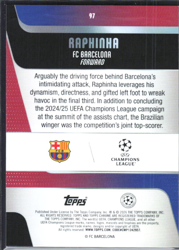 Raphinha – 2025-26 Topps Chrome UEFA Club Competitions #97 – baksida