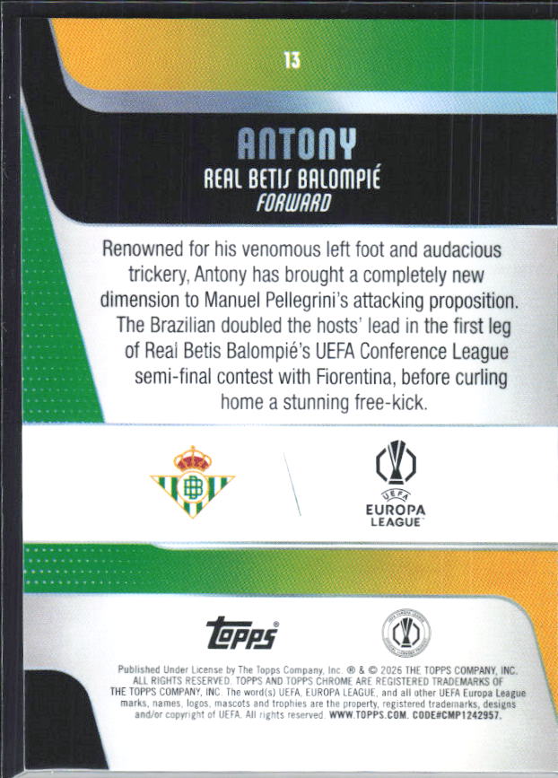 Antony – 2025-26 Topps Chrome UEFA Club Competitions #13 – baksida