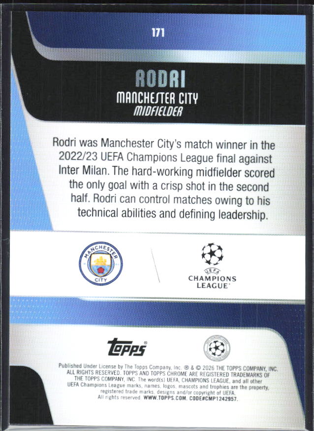 Rodri – 2025-26 Topps Chrome UEFA Club Competitions #171 – baksida