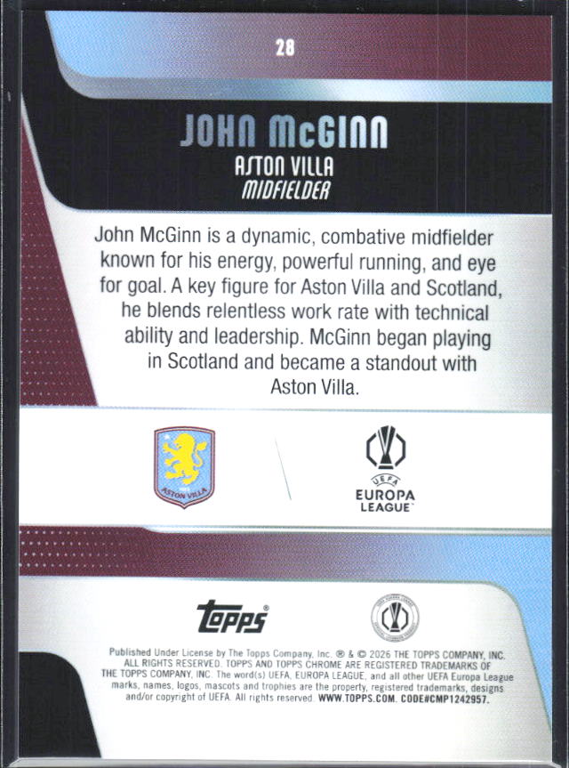 John McGinn – 2025-26 Topps Chrome UEFA Club Competitions #28 – baksida
