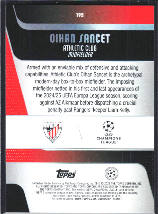Oihan Sancet – 2025-26 Topps Chrome UEFA Club Competitions #195 – baksida